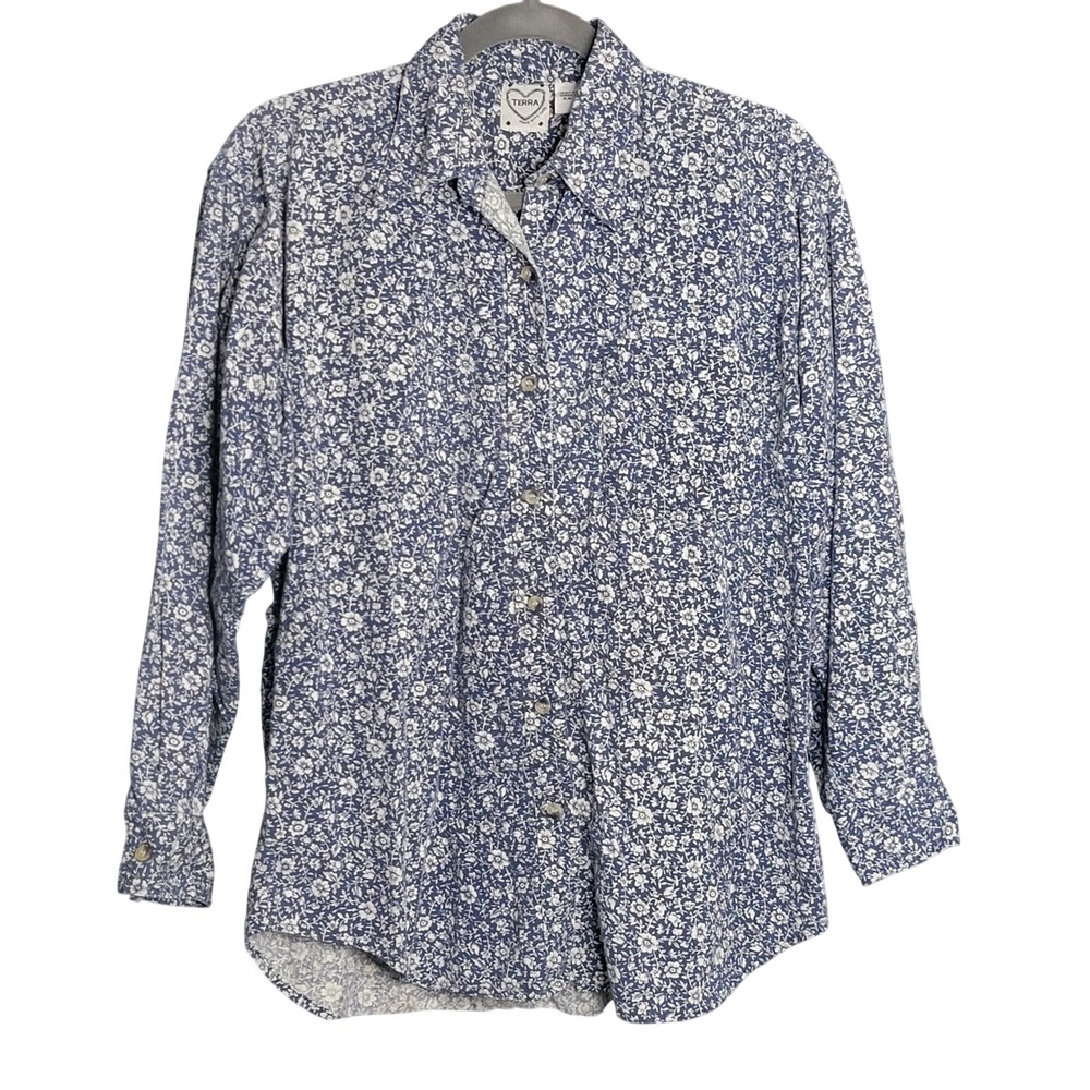 Terra Button Down Shirt Womens Medium Blue Floral Cotton Long Sleeve Country